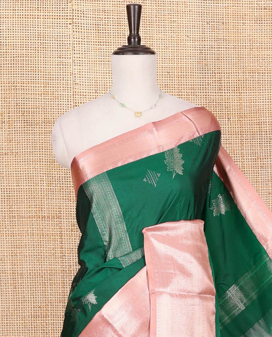 Dark Green Budget Silk Saree, Detailed with Zari Designs on Its Body, Complemented by a Contrast Traditional Zari Design Border, Intricately Designed Pallu, and Paired with a Contrast Blouse