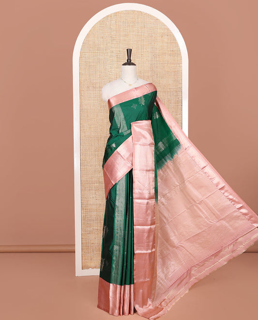 Dark Green Budget Silk Saree, Detailed with Zari Designs on Its Body, Complemented by a Contrast Traditional Zari Design Border, Intricately Designed Pallu, and Paired with a Contrast Blouse