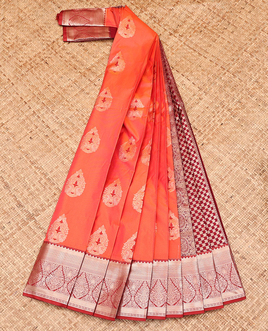 Orange Budget Silk Saree, Beautifully Bedecked with Zari Buttas, Complemented by a Contrast Traditional Zari Design Border, Grand Geometric Pallu, and Paired with a Contrast Blouse