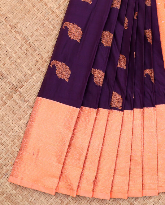 Purple Budget Silk Saree, Ornamented with Paisley Buttas All Over Its Body, Complemented by a Contrast Traditional Zari Design Border, Diagonally Striped Pallu, and Paired with a Contrast Blouse