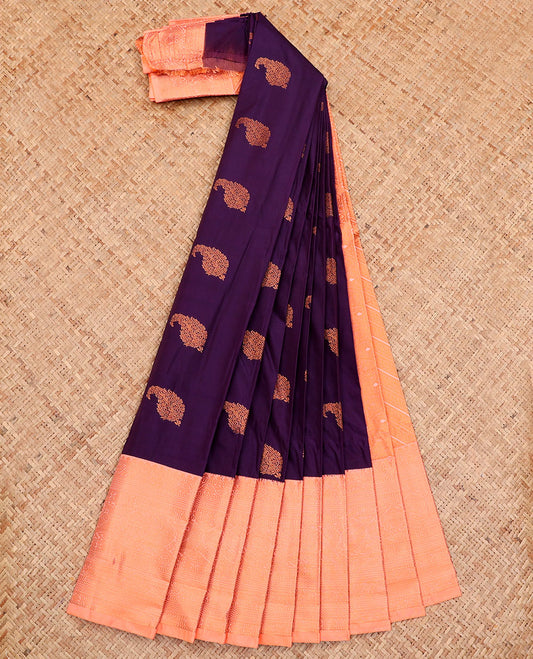 Purple Budget Silk Saree, Ornamented with Paisley Buttas All Over Its Body, Complemented by a Contrast Traditional Zari Design Border, Diagonally Striped Pallu, and Paired with a Contrast Blouse
