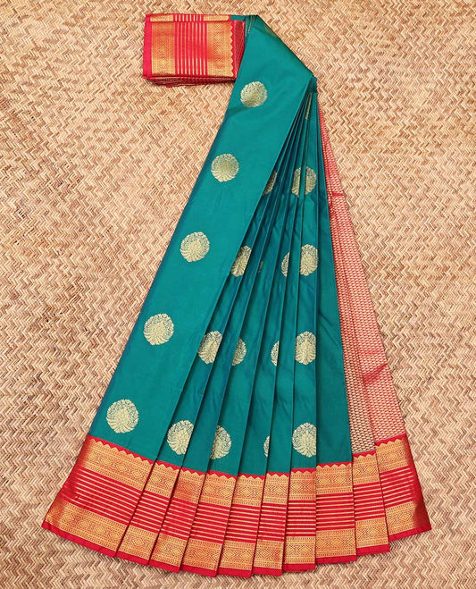 Green Budget Silk Saree, Decked Up with Zari Buttas, Complemented by a Contrast Traditional Zari Border, Grand Pallu, and a Contrast Blouse