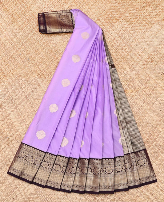 Lavender Budget Silk Saree, Subtly Enriched with Zari Buttas, Contrast Traditional Zari Border, Grand Pallu, and a Contrast Blouse