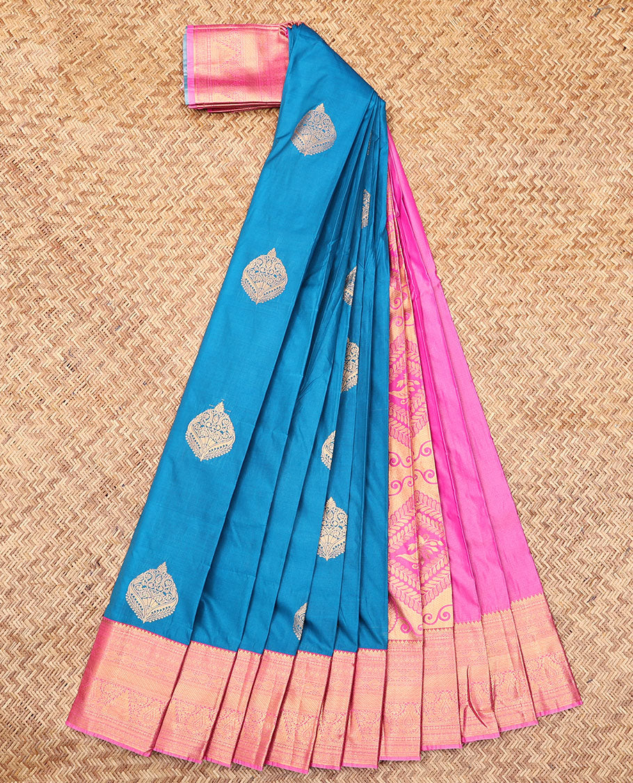 Blue Budget Silk Saree, Graced with Zari Buttas, Complemented by Contrast Traditional Zari Border, a Grand Pallu and a Contrast Blouse