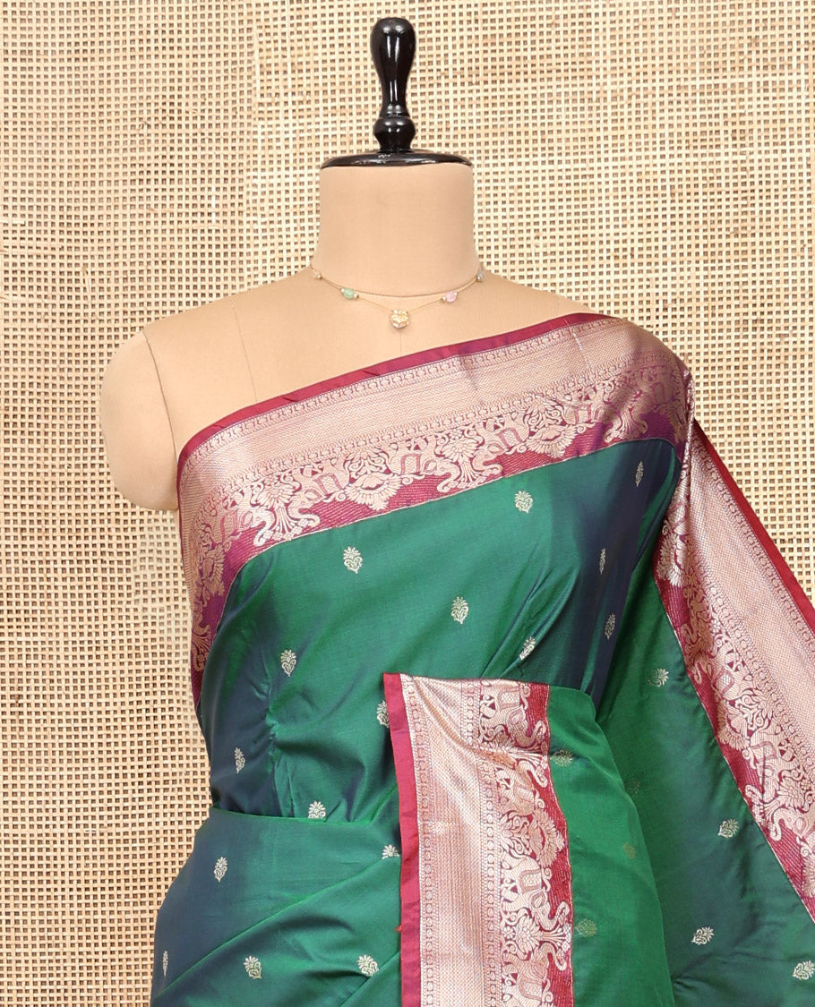 Green Budget Silk Saree, Elegantly Framed with Zari Buttas, Complemented by Contrast Traditional Zari Border, Pallu of Jaal and Paisleys, and Contrast Blouse