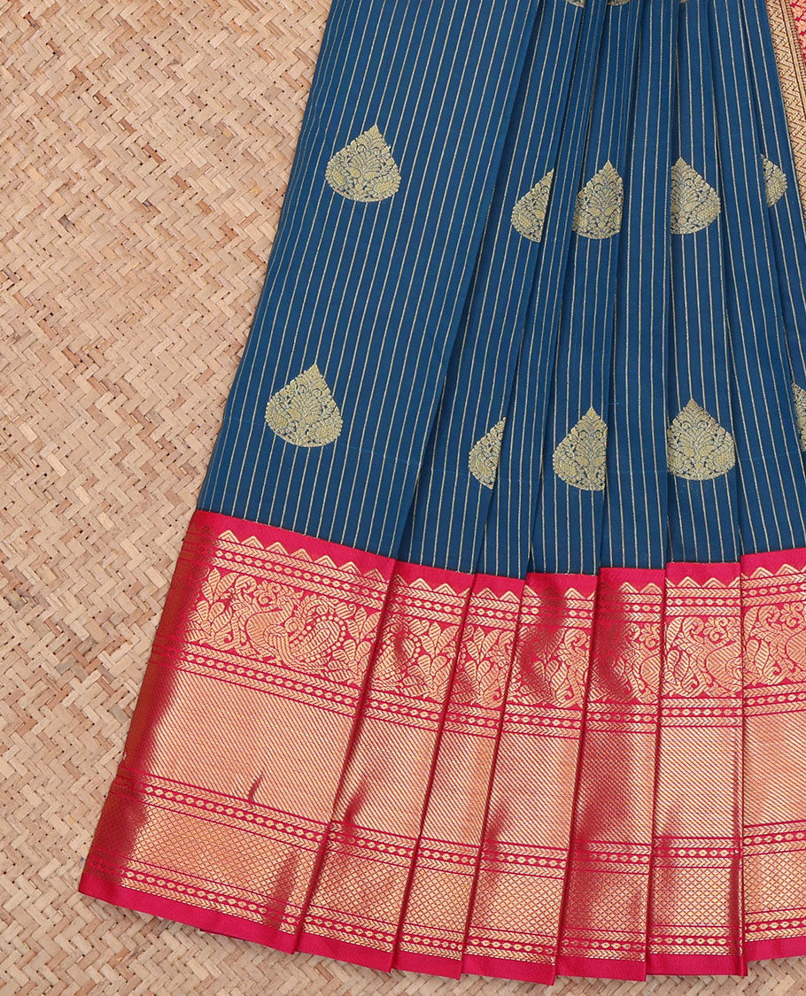 Blue Budget Silk Saree, Mesmerized with Zari Buttas and Stripes  All Over Its Body, Complemented by Contrast Traditional Zari Design Border, Gleaming Jaal Pallu, and Paired with a Contrast Blouse