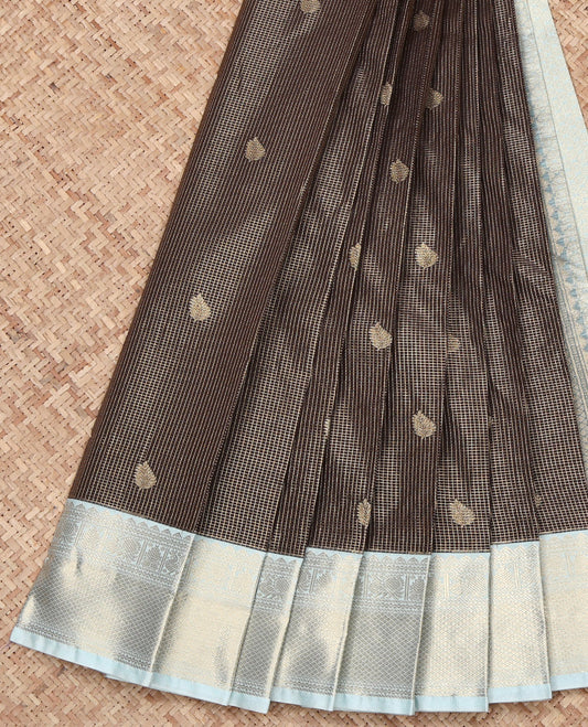 Brown Budget Silk Saree, Detailed with Zari Butta Enclosed Checks on Its Body, Complemented by a Contrast Traditional Zari Border, Jaal Pallu, and Paired with a Contrast Blouse
