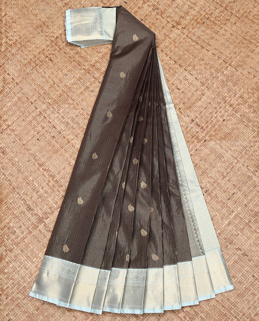 Brown Budget Silk Saree, Detailed with Zari Butta Enclosed Checks on Its Body, Complemented by a Contrast Traditional Zari Border, Jaal Pallu, and Paired with a Contrast Blouse