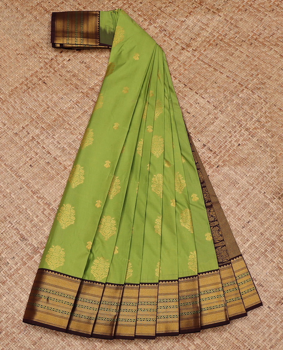 Parrot Green Budget Silk Saree, Prettified with Zari Buttas All Over Its Body, Complemented by a Contrast Traditional Zari Design Border, Grand Pallu, and Paired with a Contrast Blouse