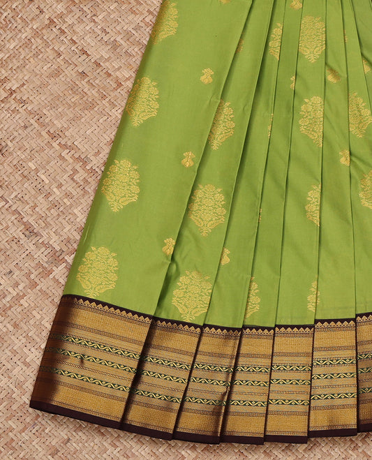 Parrot Green Budget Silk Saree, Prettified with Zari Buttas All Over Its Body, Complemented by a Contrast Traditional Zari Design Border, Grand Pallu, and Paired with a Contrast Blouse