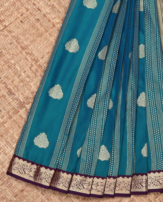 Blue Budget Silk Saree, Adorned with Zari Designs on Its Body, Complemented by a Contrast Traditional Zari Design Border, Geometric-Patterned Pallu, and Paired with a Contrast Blouse