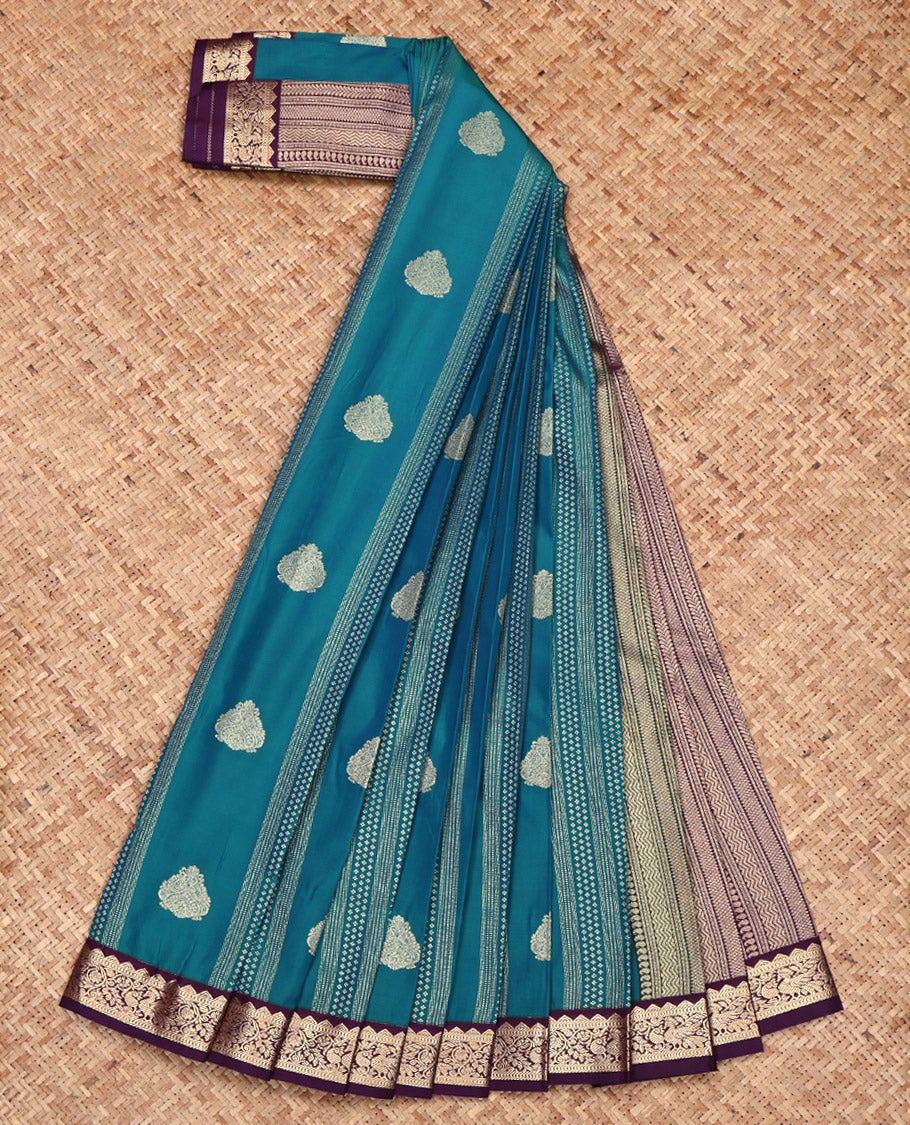 Blue Budget Silk Saree, Adorned with Zari Designs on Its Body, Complemented by a Contrast Traditional Zari Design Border, Geometric-Patterned Pallu, and Paired with a Contrast Blouse