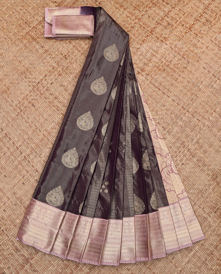 Dark Grey Budget Silk Saree Featuring Zari Buttas, Complemented by Contrast Traditional Design Zari Border, Grand Pallu and a Contrast Blouse