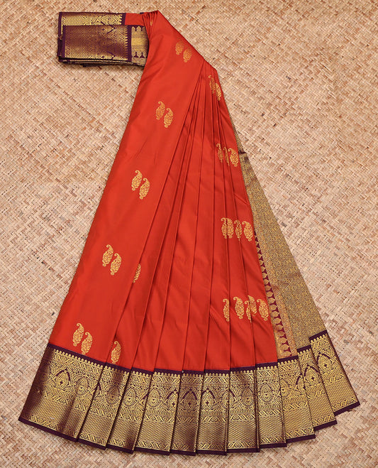 Rust Budget Silk Saree, Featuring Zari Buttas, Contrast Traditional Zari Border, Grand Jaal Pallu, and a Contrast Blouse