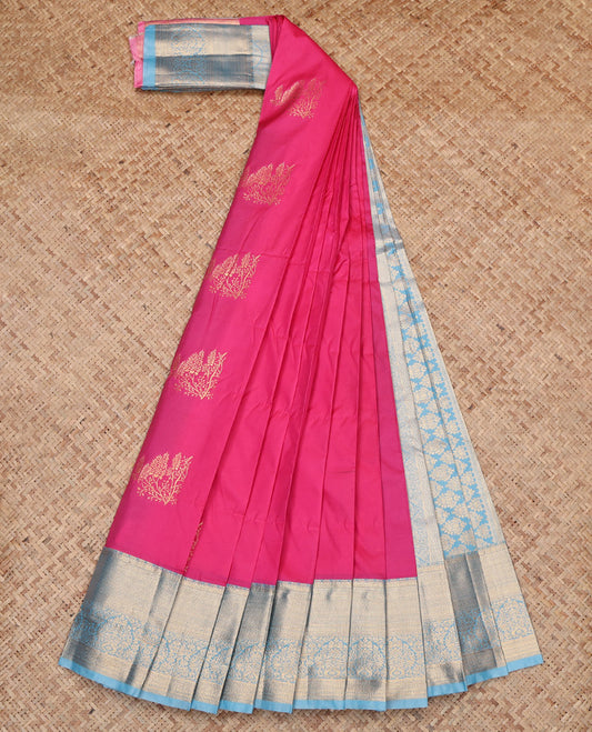 Pink Budget Silk Saree, Featuring Zari Buttas, Contrast Traditional Zari Border, Grand Pallu, and a Contrast Blouse