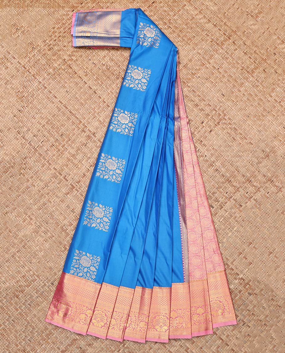 Blue Budget Silk Saree, Charmingly Accentuated with Square Buttas, Complemented by Contrast Traditional Zari Border, Grand Pallu and a Contrast Blouse