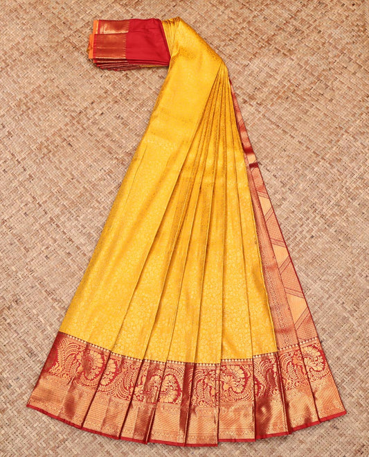 Yellow Budget Silk Saree, Gleamed Up with Floral Jacquard, Complemented by Contrast Traditional Zari Border, Grand Pallu, and Contrast Blouse