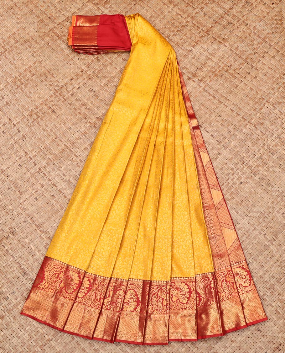 Yellow Budget Silk Saree, Gleamed Up with Floral Jacquard, Complemented by Contrast Traditional Zari Border, Grand Pallu, and Contrast Blouse