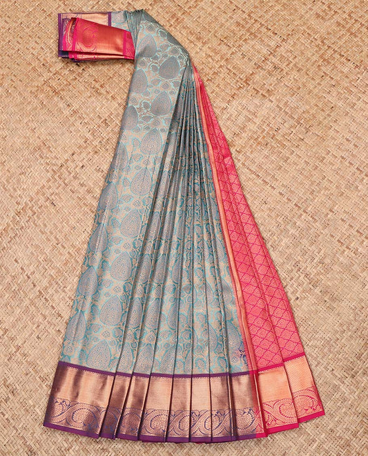 Blue Budget Silk Saree, Woven with Jacquard Design, Complemented by a Contrast Floral Creeper Zari Border, Grand Jaal Pallu, and a Contrast Blouse