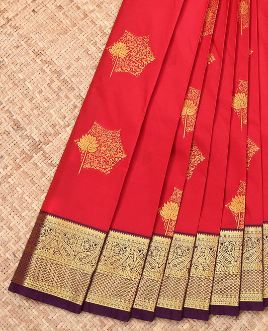 Red Budget Silk Saree, Accentuated with Zari Buttas, Complemented by Contrast Traditional Zari Border, Grand Pallu, and a Contrast Blouse