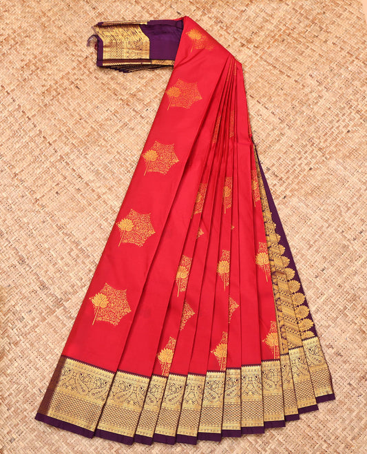 Red Budget Silk Saree, Accentuated with Zari Buttas, Complemented by Contrast Traditional Zari Border, Grand Pallu, and a Contrast Blouse