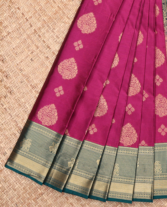 Purple Budget Silk Saree, Embellished with Zari Buttas, Complemented by a Contrast Traditional Zari Border, Jaal Pallu, and a Contrast Blouse