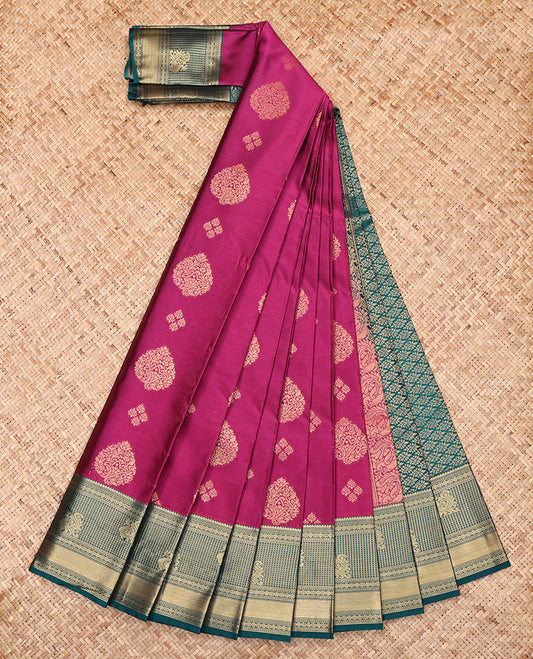 Purple Budget Silk Saree, Embellished with Zari Buttas, Complemented by a Contrast Traditional Zari Border, Jaal Pallu, and a Contrast Blouse