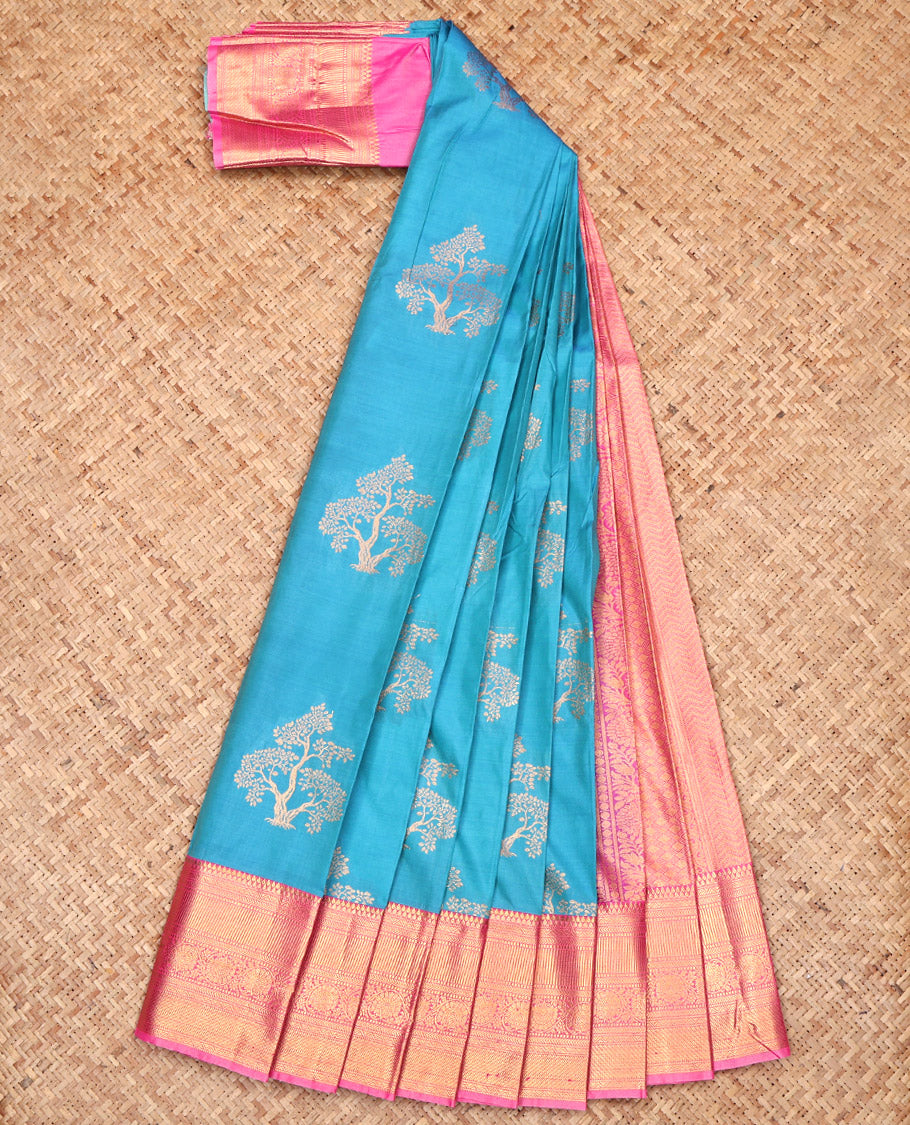 Blue Budget Silk Saree, Decorated with Tree Zari Buttas, Complemented by a Contrast Traditional Border, Grand Pallu, and a Contrast Blouse