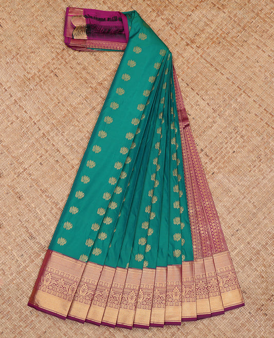 Green Budget Silk Saree, Steeped with Zari Buttas, Complemented by a Contrast Traditional Zari Border, Grand Pallu, and a Contrast Blouse