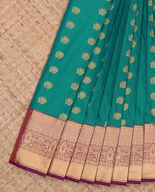 Green Budget Silk Saree, Steeped with Zari Buttas, Complemented by a Contrast Traditional Zari Border, Grand Pallu, and a Contrast Blouse