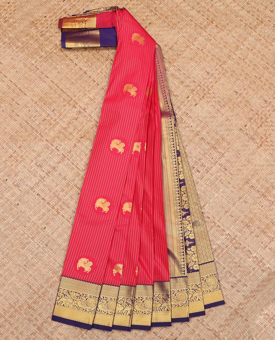 Red Budget Silk Saree, Enriched with Horse Buttas and Stripes, a Contrast Traditional Elephant-Peacock Zari Border, a Grand Pallu and a Contrast Blouse