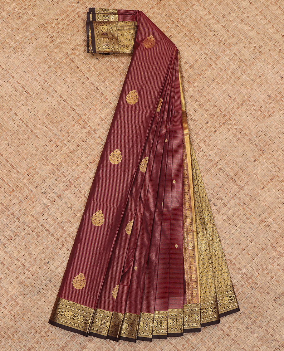Maroon Budget Silk Saree, Woven with Zari Buttas and Stripes, Complemented by Contrast Traditional Zari Border, a Jaal Pallu and a Contrast Blouse