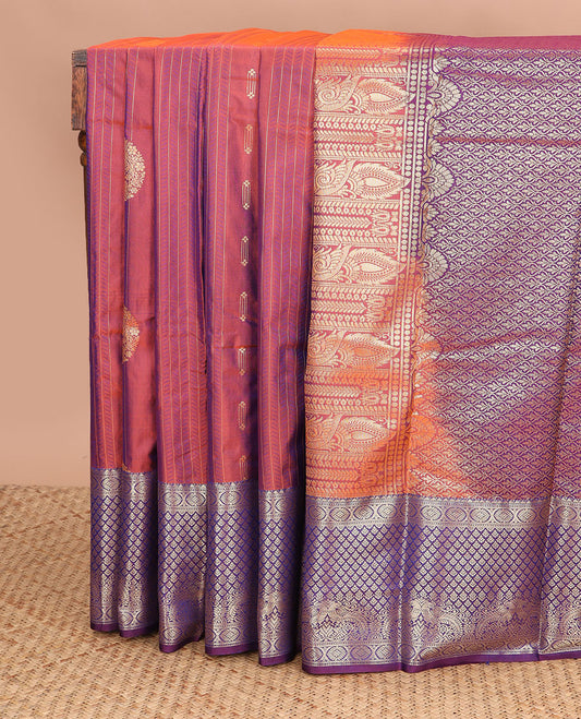 Brown striped, floral design gift saree with contrast zari design border & argyle design pallu