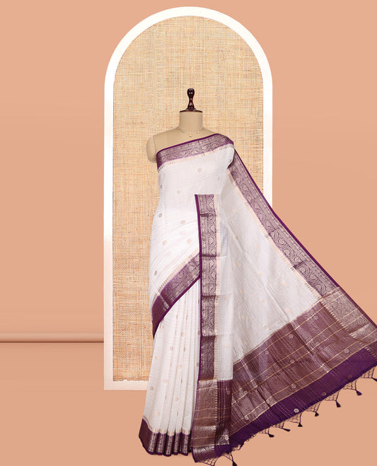 White Assam Silk Saree, Detailed with Zari Buttas and Stripes, Complemented by Contrast Floral Creeper Zari Border,  Zari Woven Pallu, and Contrast Blouse