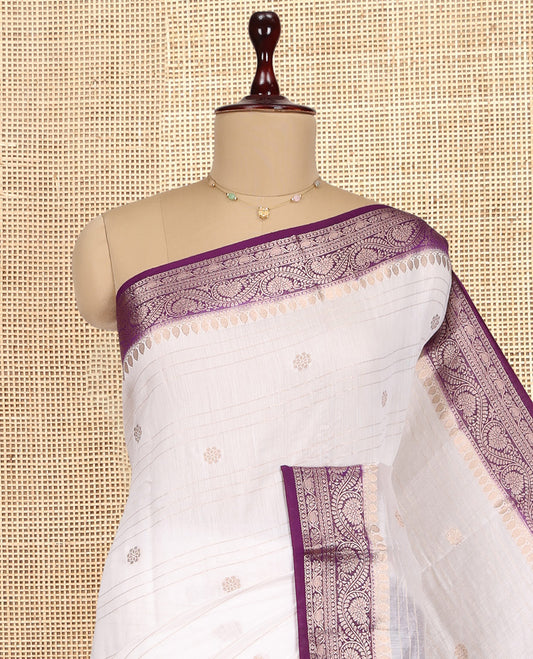 White Assam Silk Saree, Detailed with Zari Buttas and Stripes, Complemented by Contrast Floral Creeper Zari Border,  Zari Woven Pallu, and Contrast Blouse