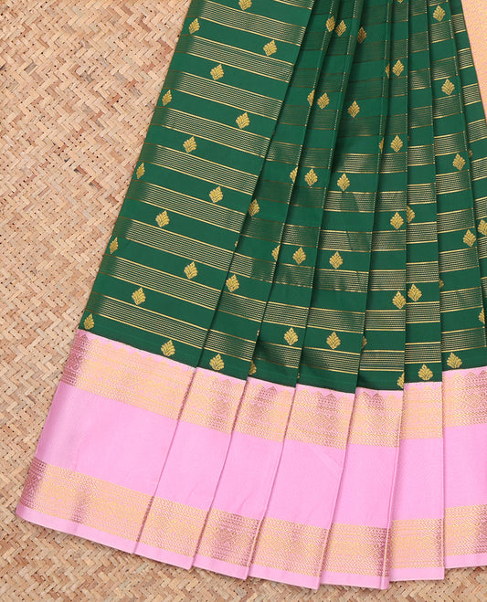 Green Budget Silk Saree, Bedecked with Zari Buttas and Stripes, a Contrast Traditional Zari Rettai Pettu Border, Grand Pallu, and a Contrast Blouse