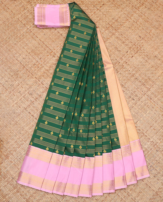 Green Budget Silk Saree, Bedecked with Zari Buttas and Stripes, a Contrast Traditional Zari Rettai Pettu Border, Grand Pallu, and a Contrast Blouse