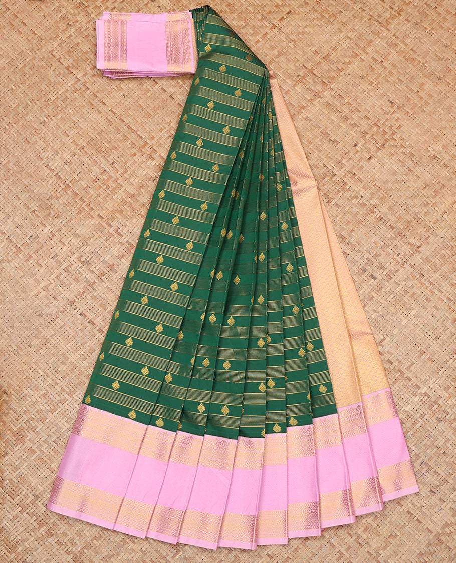 Green Budget Silk Saree, Bedecked with Zari Buttas and Stripes, a Contrast Traditional Zari Rettai Pettu Border, Grand Pallu, and a Contrast Blouse