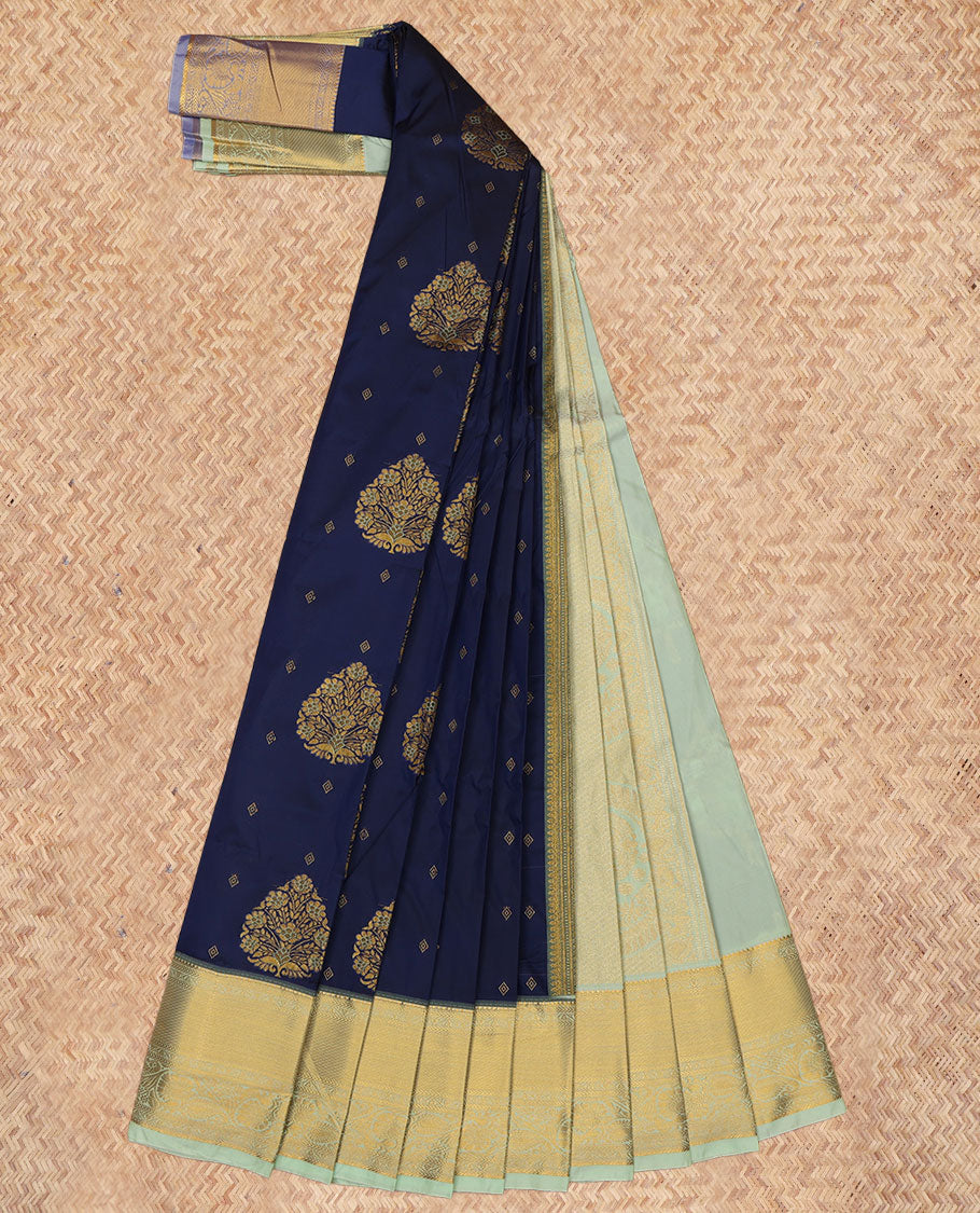 Navy Blue Budget Silk Saree, Elevated with Zari Buttas, a Contrast Traditional Zari Border, Grand Jaal Pallu, and a Contrast Blouse