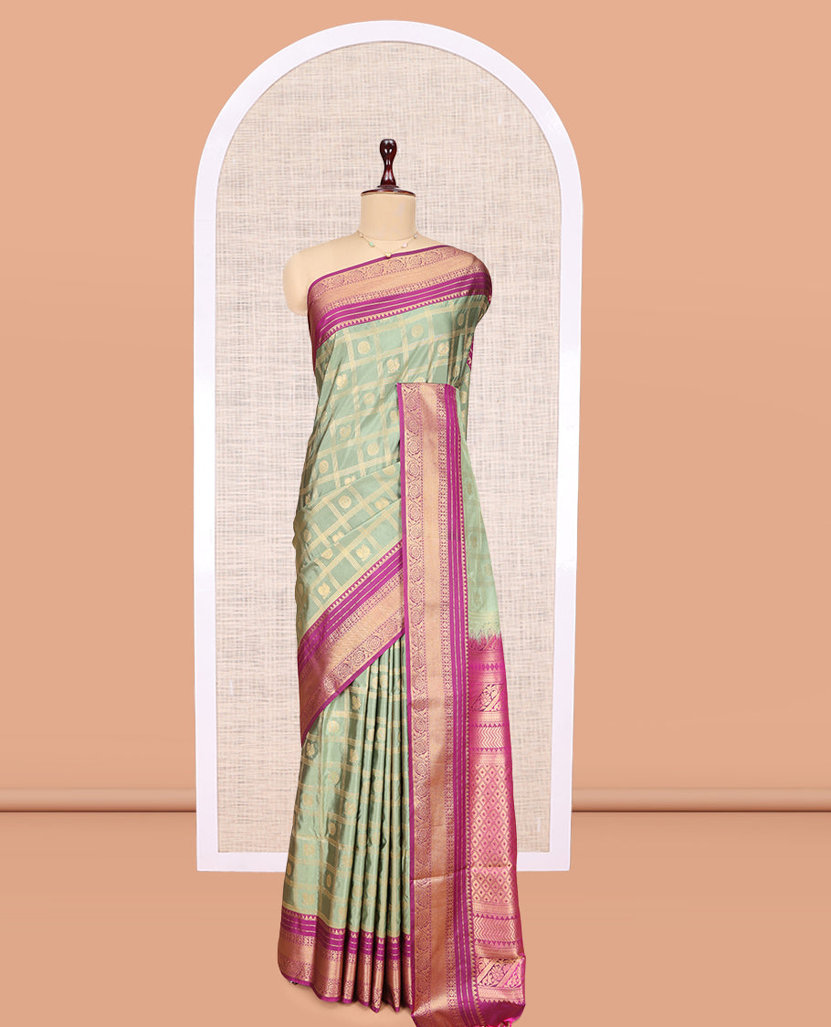 Green Peacock Chakram Butta Enclosed Checks Budget Silk Saree
