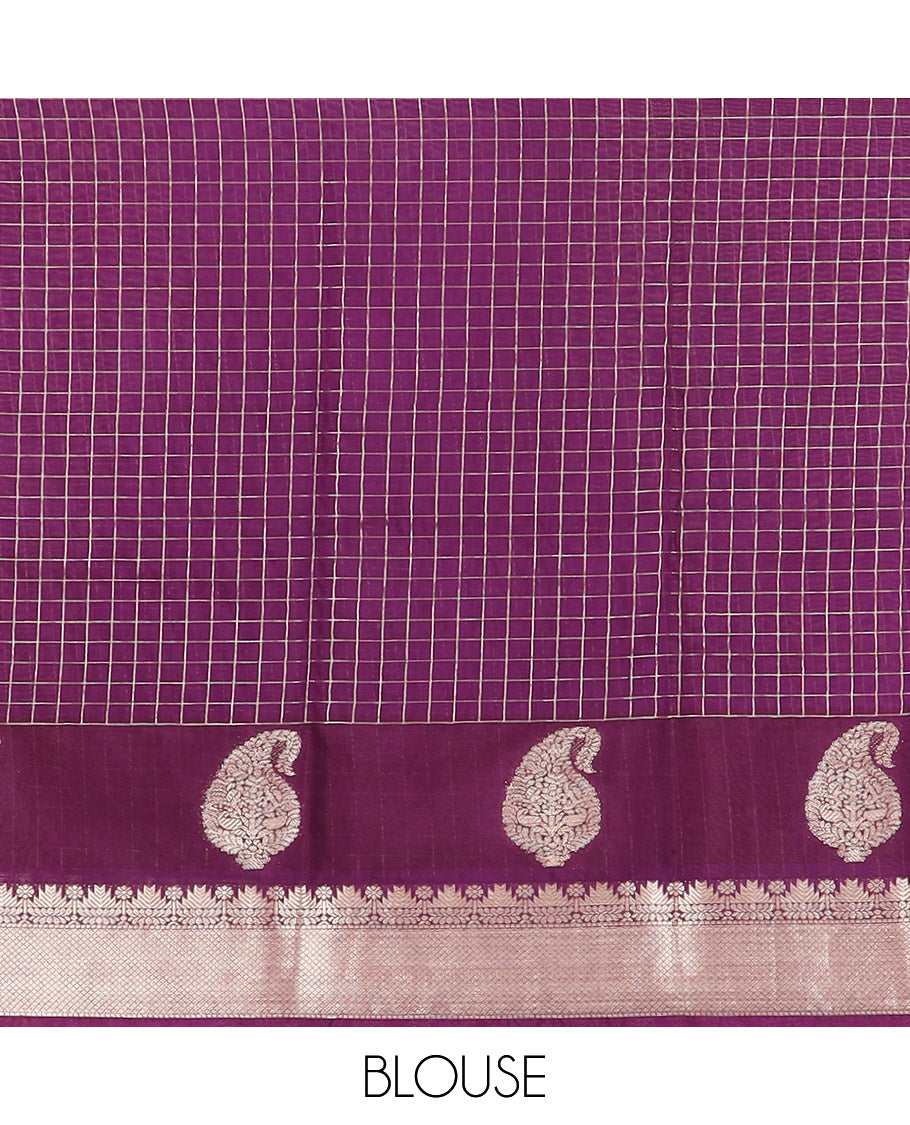 Grey zari checked Assam silk saree, contrast traditional zari border of paisleys, and pallu of zari stripes