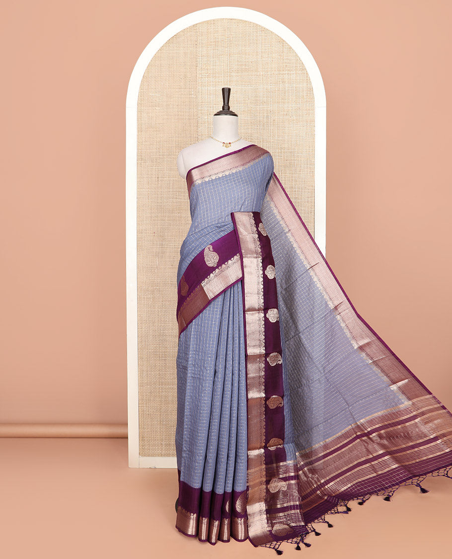 Grey zari checked Assam silk saree, contrast traditional zari border of paisleys, and pallu of zari stripes