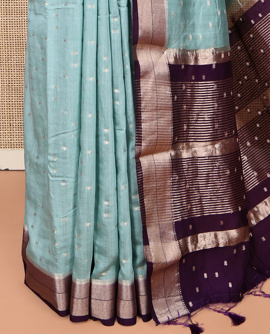 Pale Blue Assam Silk Saree, Ornamented with Zari Buttas, Complemented by a Contrast Zari Border, Zari-Design Pallu, and a Contrast Blouse
