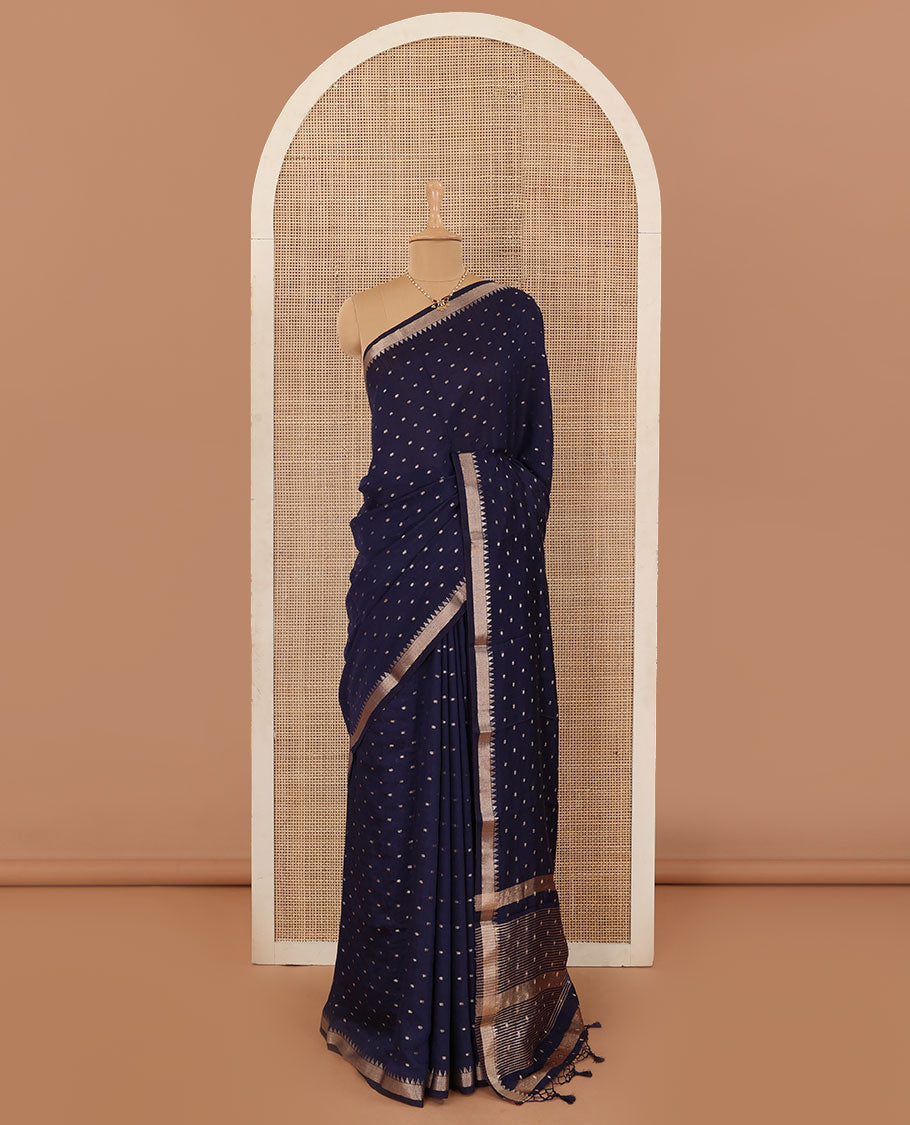 Navy blue zari buttas Assam silk saree, temple border, and zari striped pallu
