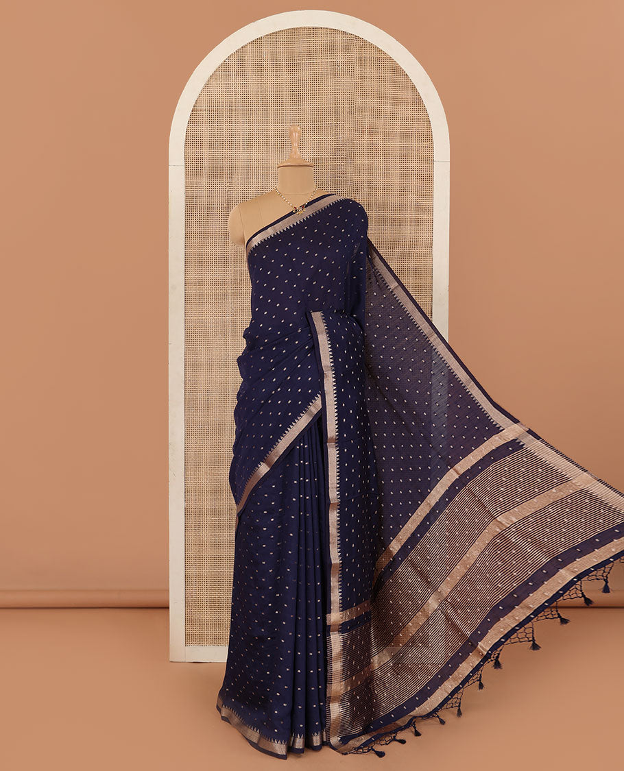 Navy blue zari buttas Assam silk saree, temple border, and zari striped pallu