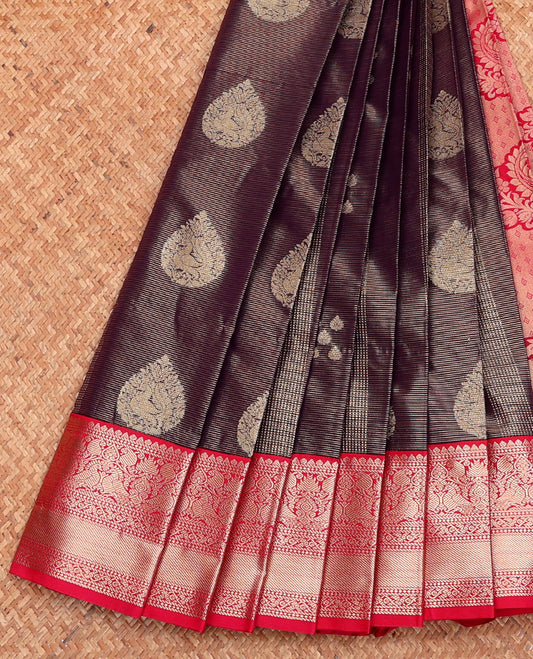 Brown Budget Silk Saree, Elegantly Highlighted with Zari Buttas and Stripes, Complemented by a Contrast Traditional Zari Border, Paisley Pallu, and Contrast Blouse