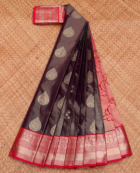 Brown Budget Silk Saree, Elegantly Highlighted with Zari Buttas and Stripes, Complemented by a Contrast Traditional Zari Border, Paisley Pallu, and Contrast Blouse