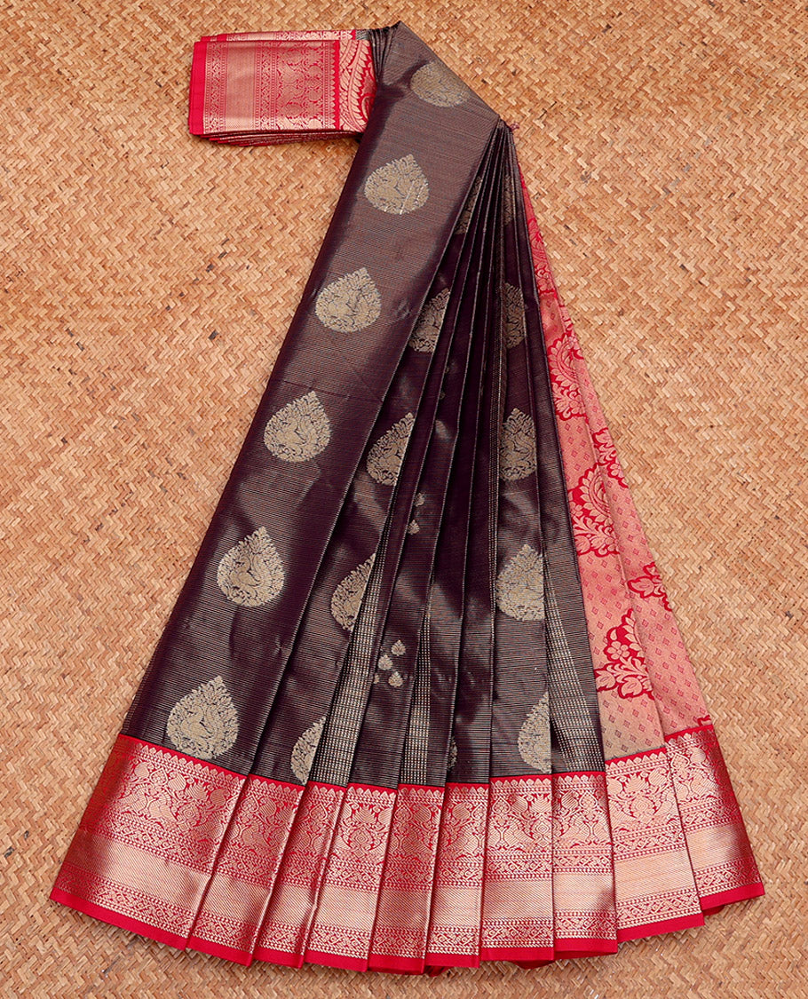 Brown Budget Silk Saree, Elegantly Highlighted with Zari Buttas and Stripes, Complemented by a Contrast Traditional Zari Border, Paisley Pallu, and Contrast Blouse