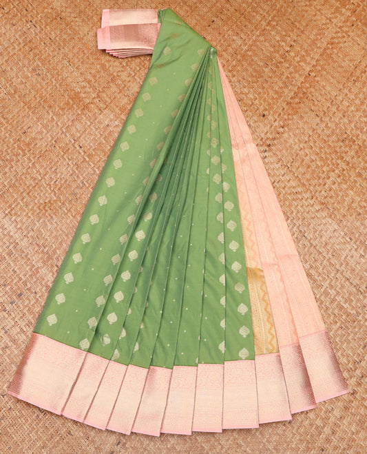 Green Budget Silk Saree, Beautified with Zari Buttas on Its Body, Complemented by a Contrast Traditional Zari Design Border, Grand Geometric Patterned Pallu, and Paired with a Contrast Blouse