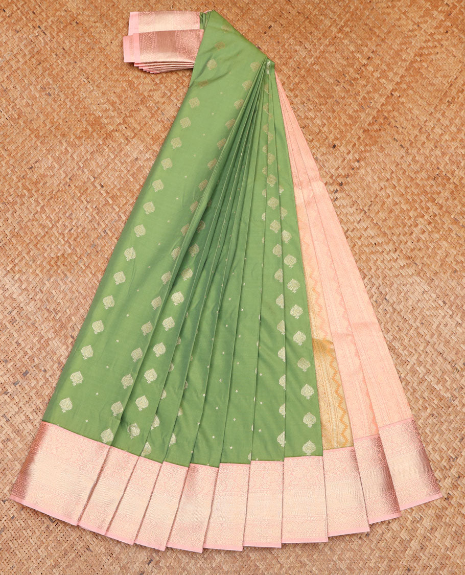 Green Budget Silk Saree, Beautified with Zari Buttas on Its Body, Complemented by a Contrast Traditional Zari Design Border, Grand Geometric Patterned Pallu, and Paired with a Contrast Blouse